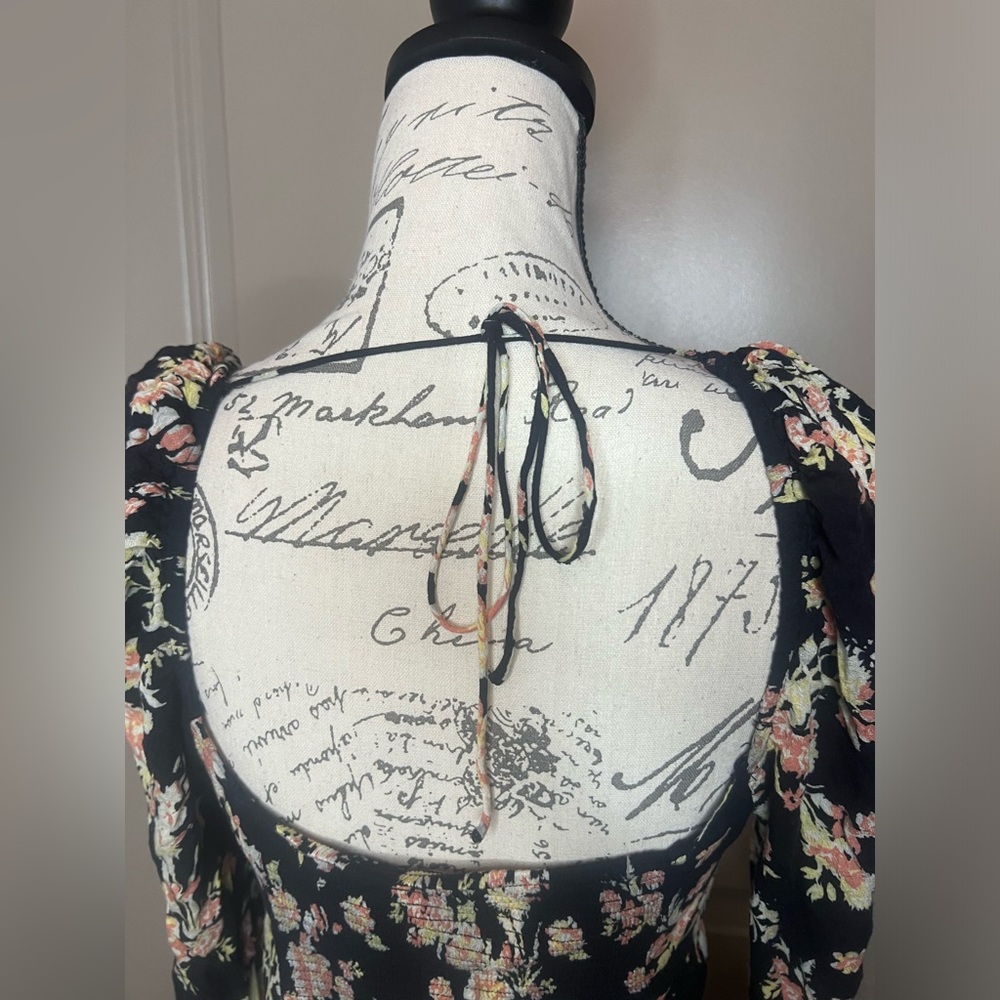 Free People Hilary Floral Print Long Puffed Sleeve Tie Back Blouse - Picture 8 of 11